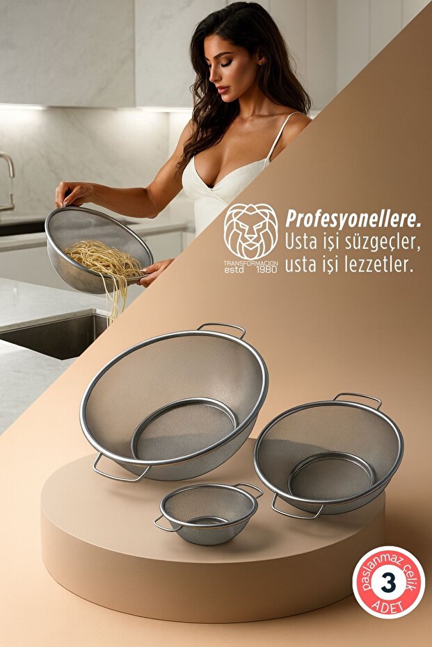 3-Piece Professional Kitchen Strainer Set - Fine Strainer Colander Set Stainless Steel 722897