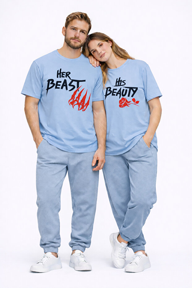 Lover Combination Her Beast His Beauty Oversize Couple T-Shirt Unisex Partner Couple Combination Blue