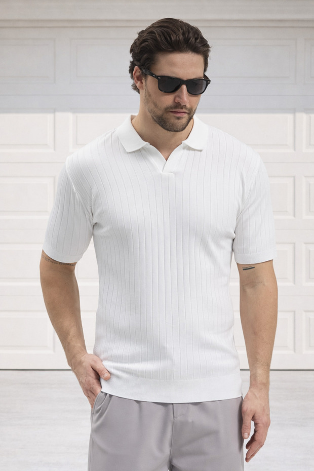 Polo Collar Striped Knitwear Men's Cotton T-Shirt