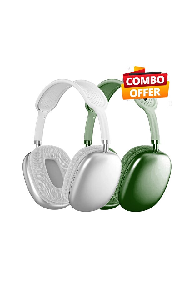 2PC COMBO -1 PC White & 1 PC Green P9 Bluetooth Over-Ear Headphones with Mic & SD Slot