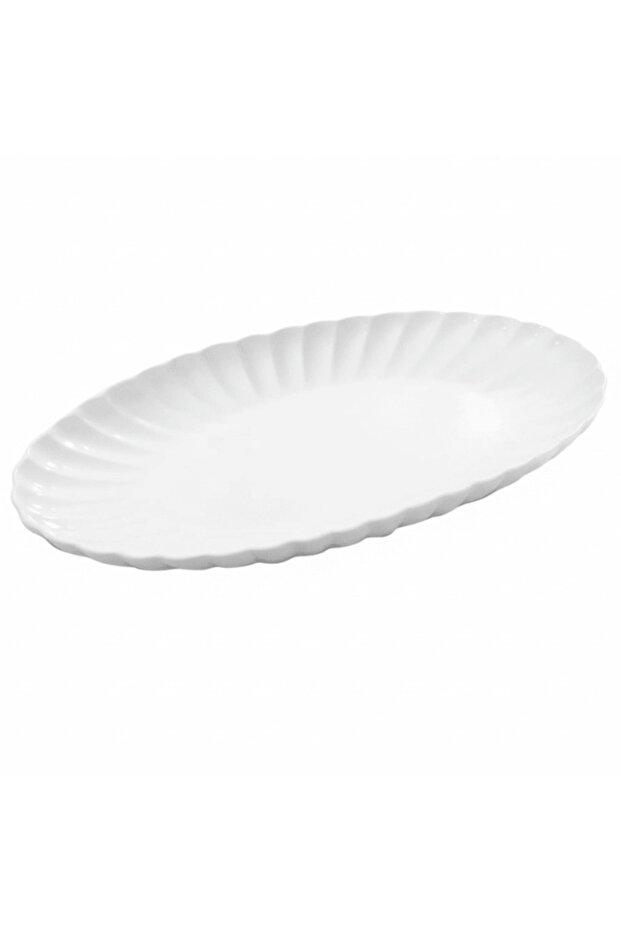 Collection – 30 x 18 x 3 cm White Ceramic Groove Oval Serving Tray
