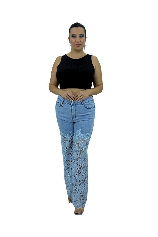 Plus Size Tencel High Waist Lace Wide Leg Women's Pants
