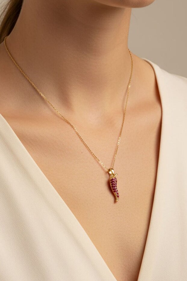 Gold Color Zircon Stone Pepper Necklace (45 cm)