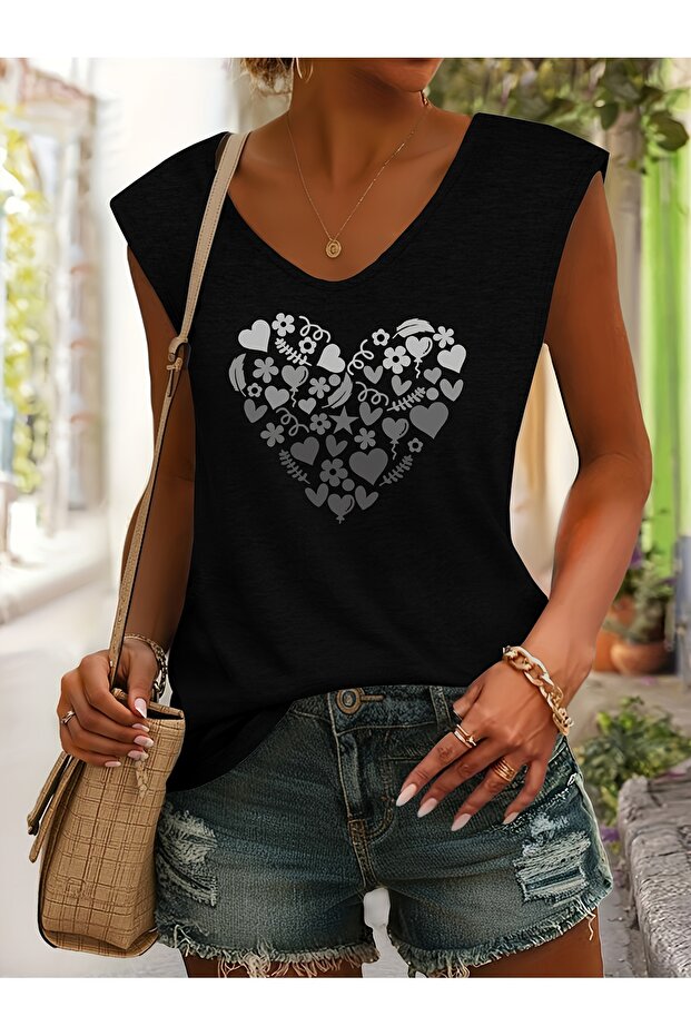 Mix Printed Women's Sleeveless V-Neck Relaxed Fit T-Shirt