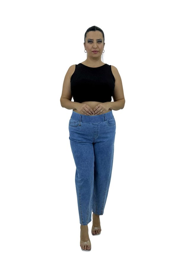 Plus Size Denim Mom High Waist Women's Trousers with Stone Detail on the Leg