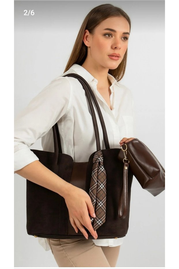 The Moiss Women's Brown Oversized Scarf Detailed Hand and Arm Bag with Puppy Detail