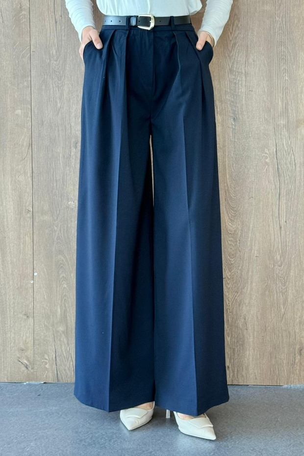 Arda Palazzo Belted Trousers Navy Blue