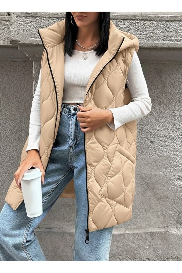 Kapitone Kapişonlu Şişme Yelek – Bej - 3