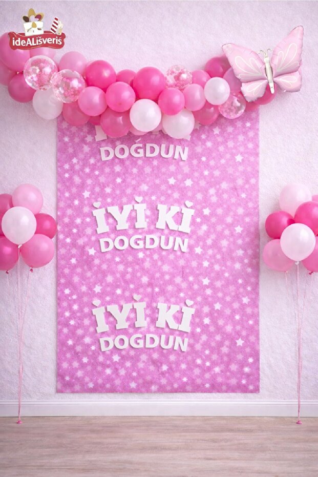 Retro Butterfly Pink Age Balloon Happy Birthday Printed Backdrop Birthday Party Set Decoration