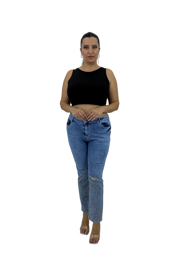 Plus Size Denim Ripped and Frayed Detailed Stone Embellished Skinny Leg Women's Trousers