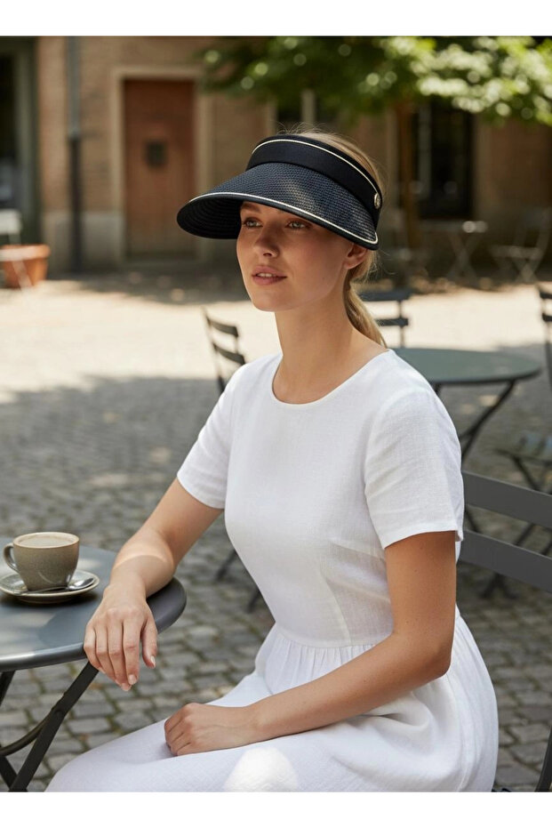 Black Straw Patterned Visor Adjustable Visor Hat - 6