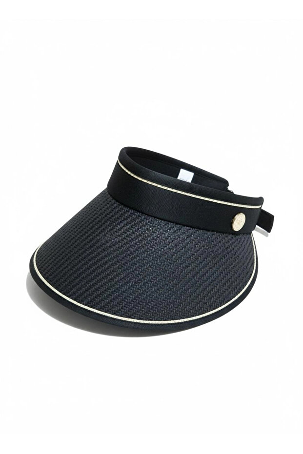 Black Straw Patterned Visor Adjustable Visor Hat - 1