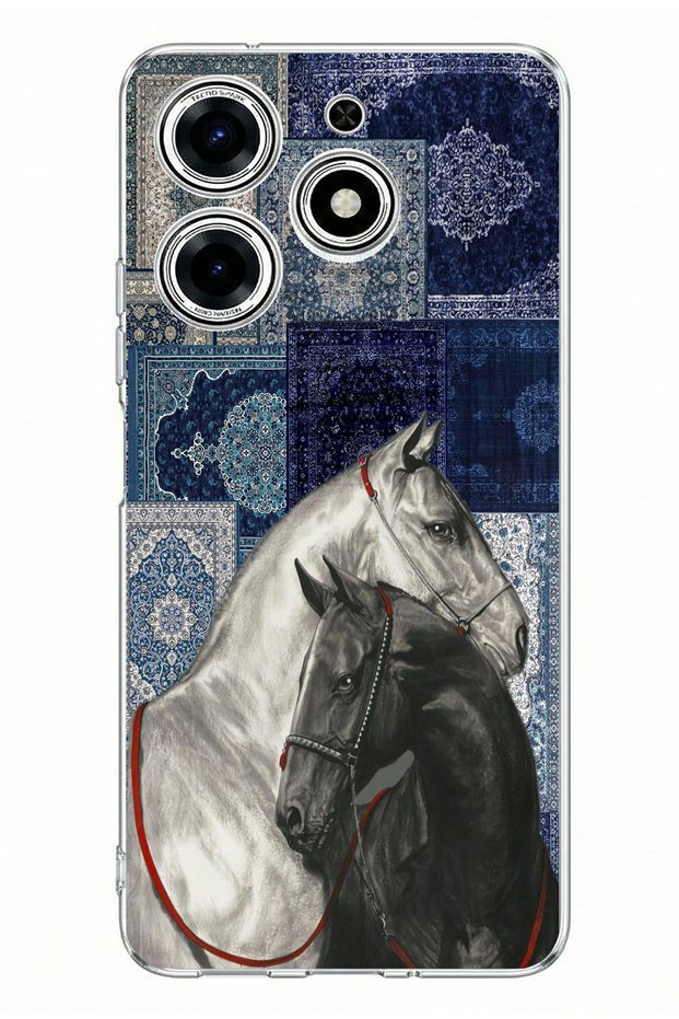 Tecno Spark 10 Pro Compatible Blue Carpet Pattern Black and White Horse Printed Silicone Case