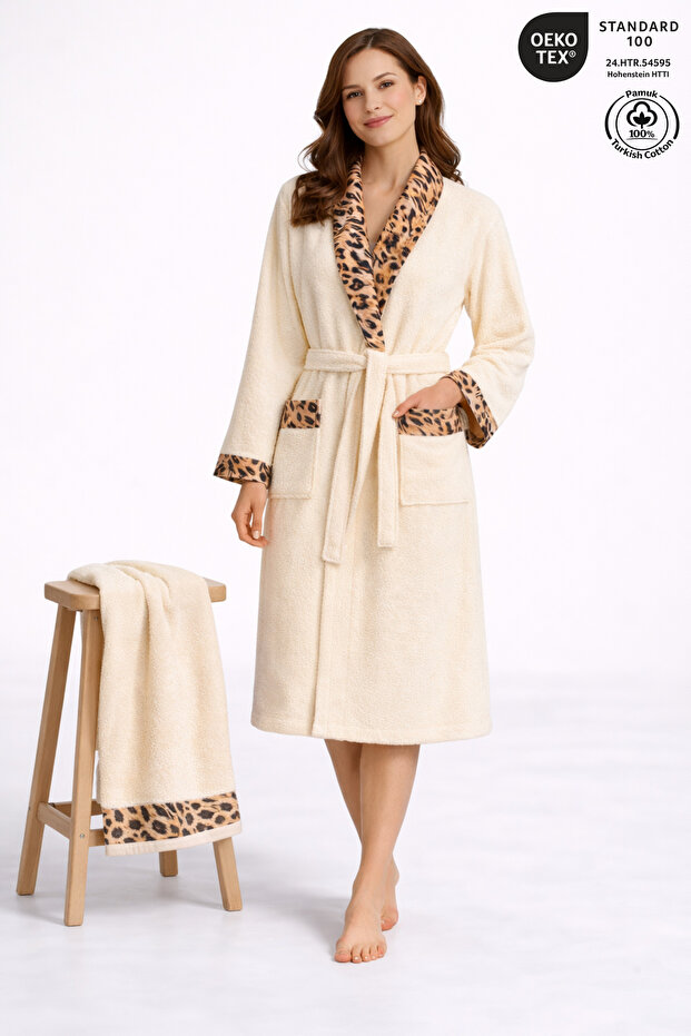 Leopard Patterned Women's Bathrobe Set 100% Cotton Certified 2-Piece Shawl Collar Bathrobe and Head Towel - Cream