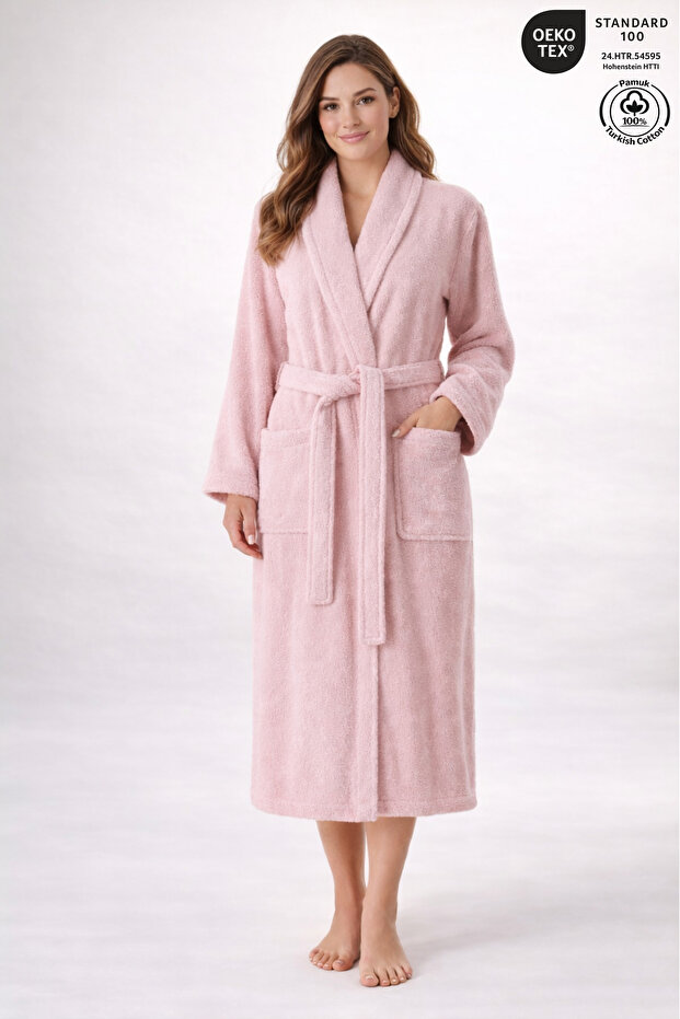 Women's Bathrobe 100% Certified Cotton, 1 Piece, Dressing Gown / Robe - Pink