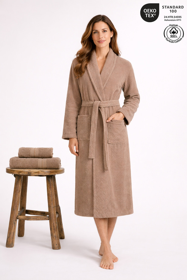 Women's Bathrobe Set 100% Cotton Certified 3-Piece Striped Shawl Collar Bathrobe and Towel Set - Beige