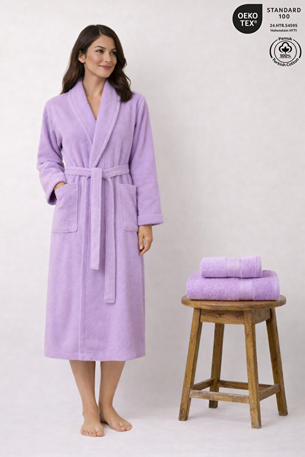 Women's Bathrobe Set 100% Cotton Certified 3-Piece Shawl Collar Bathrobe and Towel Set - Lilac