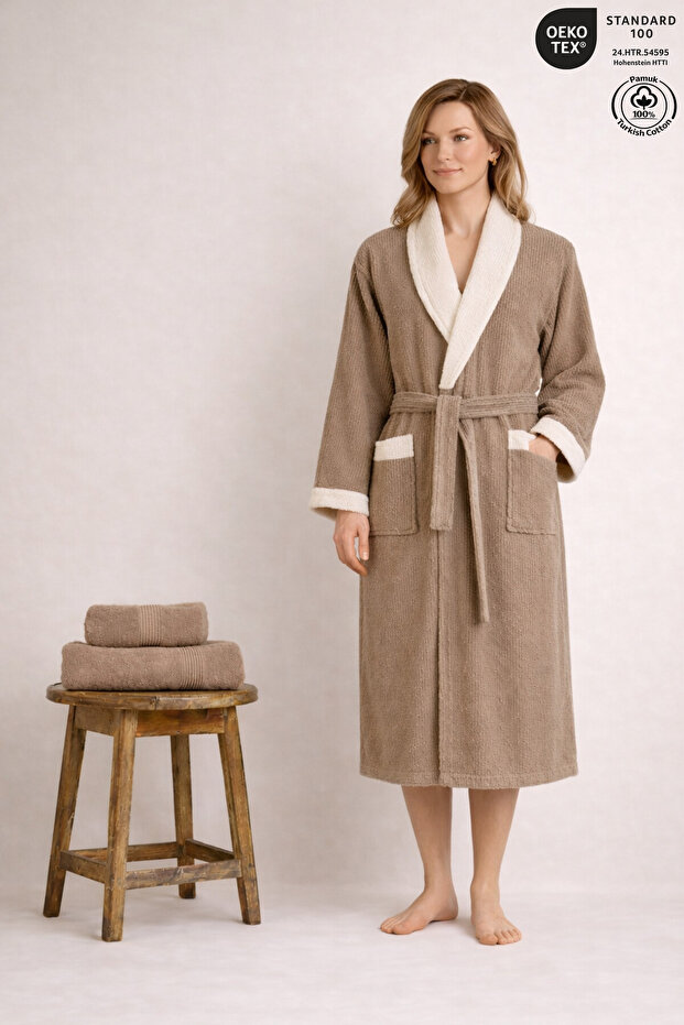 Women's Bathrobe Set 100% Cotton Certified 3-Piece Contrast Striped Shawl Collar Bathrobe and Towel Set - Beige