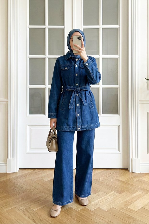 Waist Belt Detailed Pocketed Denim Suit - Blue