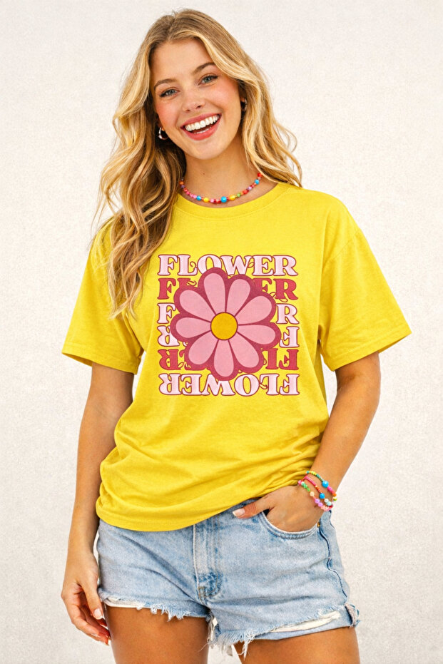 Flower Printed Cotton Relaxed Fit Round Neck Unisex T-Shirt