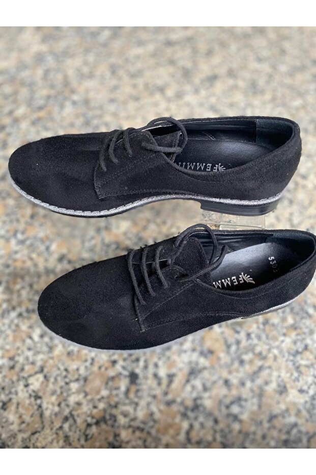 Black Outer Material Suede Stone Accessories Lace-Up Women's Shoes