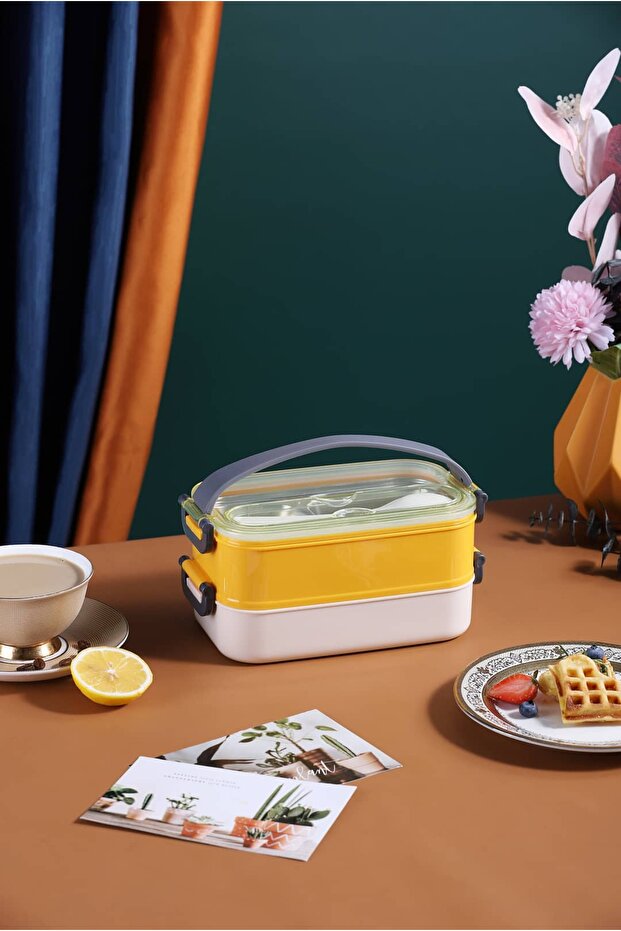 Double Layer Stainless Steel Lunch Box - 1400 ml (with Fork and Spoon) Lunch Box (Yellow)