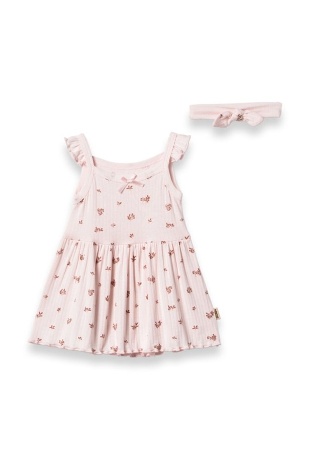 100% Organic Cotton, Baby Girl Strap Dress & Headband Set – Floral Pattern Modal Summer Dress, 0-24 Months