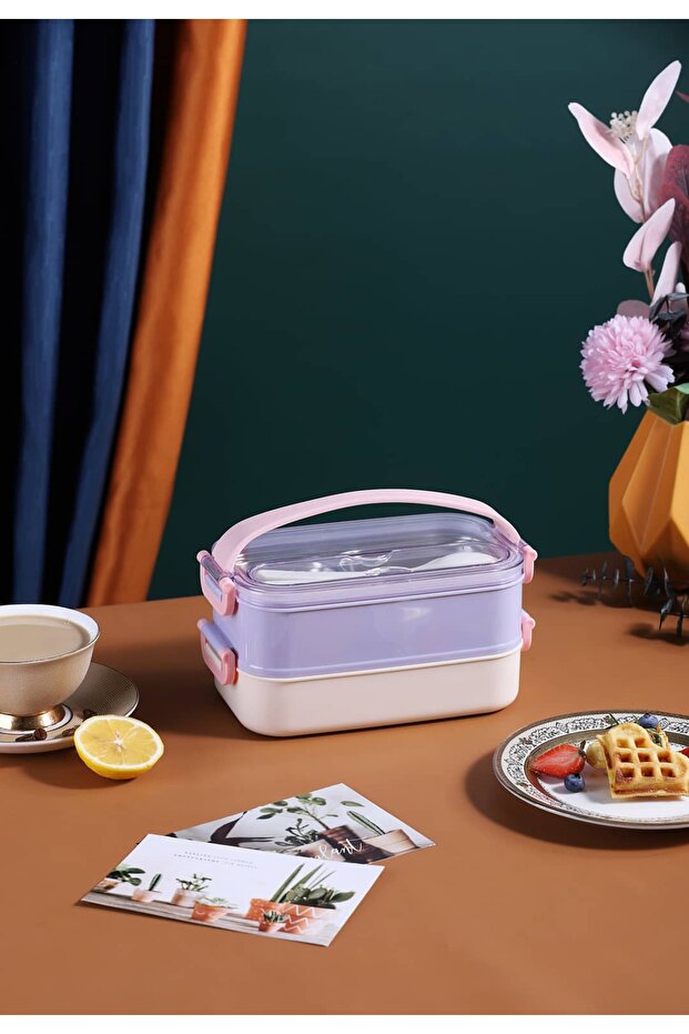 Double Layer Stainless Steel Lunch Box - 1400 ml (with Fork and Spoon) Lunch Box