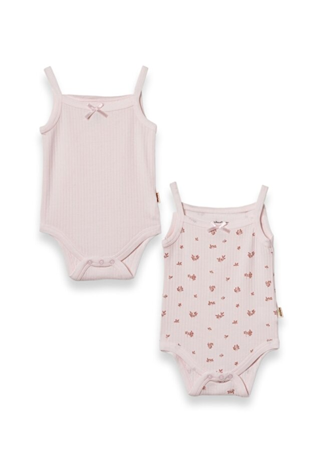 2-Piece Baby Bodysuit Set with Straps and Snap Fasteners, 100% Organic Cotton, Pink Plain & Floral Pattern, Baby Undershirt Bodysuit