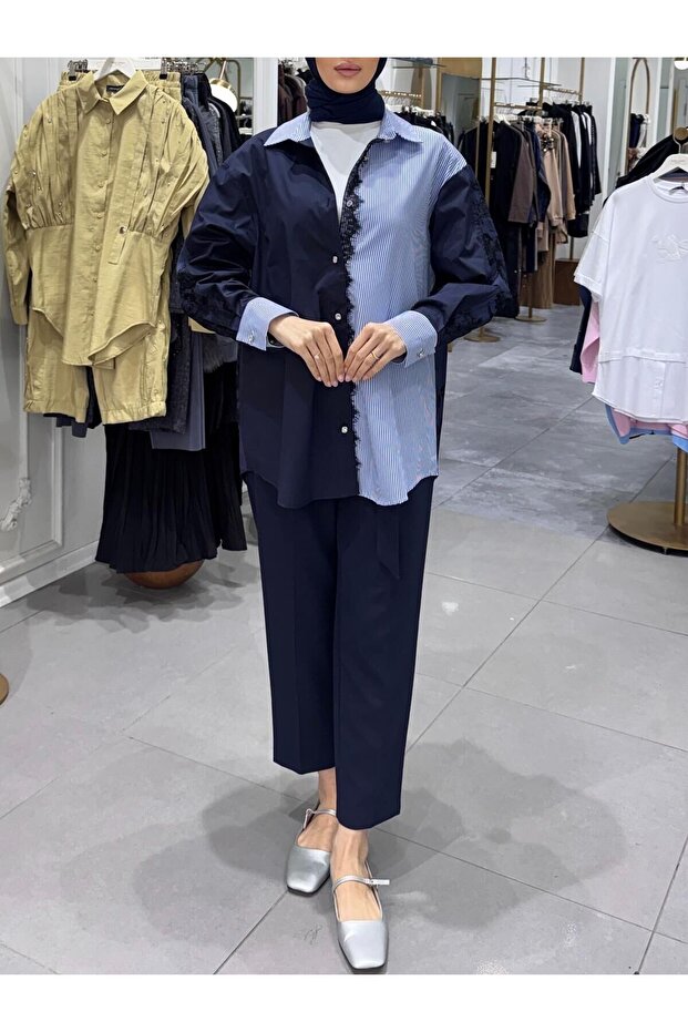 DANTELLİ ÇİZGİLİ GÖMLEK - 1