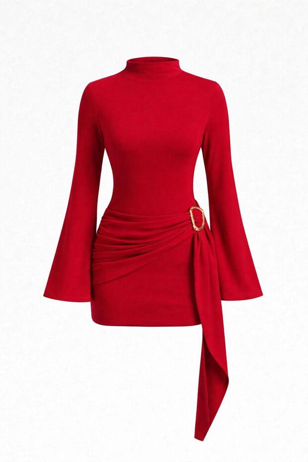Women's Black High Neck Spanish Sleeve Buckle Detailed Gathered Mini Evening Dress (6 Colors)