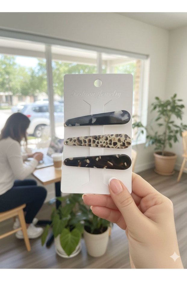 Women's 3-Piece Marble Leopard Pattern Snap Bone Hair Clip Set 7 cm