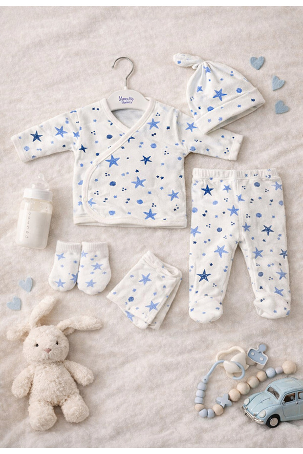 Star Patterned 5-Piece Special Textured Cotton Baby Hospital Discharge Set