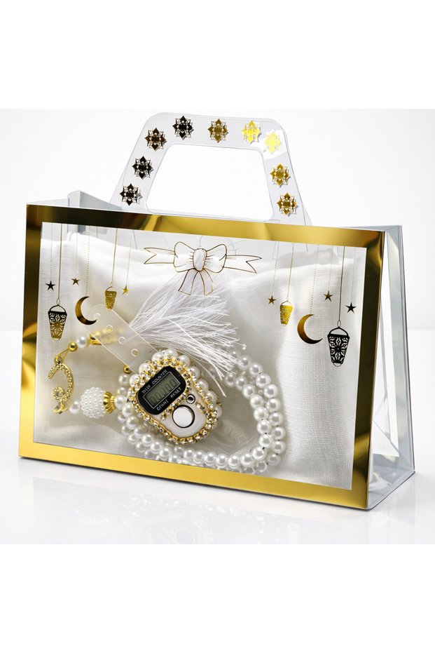 Transparent Gift Set with Bag – Flared Scarf, Stone Zikirmatik, Pearl Prayer Beads - Special for Ramadan