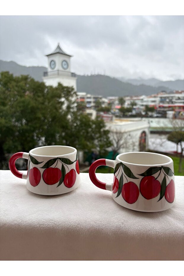 كوب سيراميك مصنوع يدويًا بنمط الكرز، طقم من قطعتين - 3