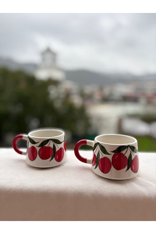 كوب سيراميك مصنوع يدويًا بنمط الكرز، طقم من قطعتين - 4