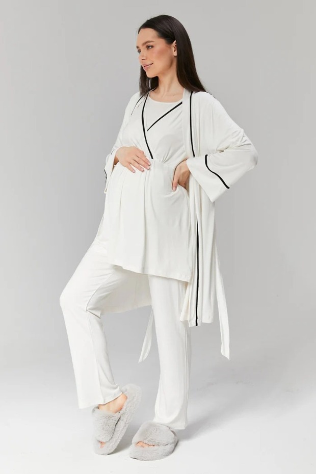 Women's Ecru Double-Breasted Ribbed Summer 100% Cotton Short Sleeve Maternity Pajama Set 3-Piece Set