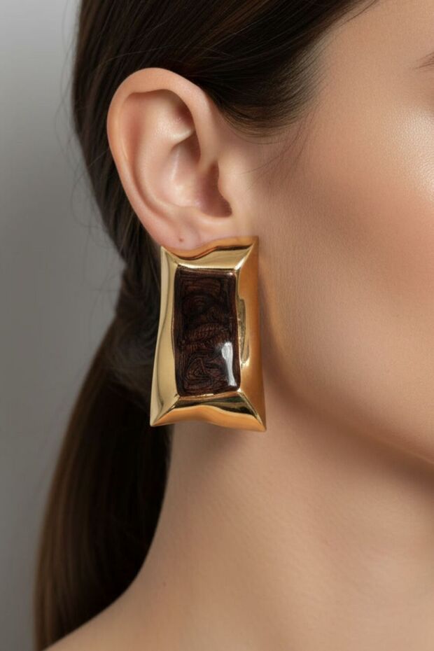 Gold Color Brown Large Rectangular Earrings (6.3 cm)