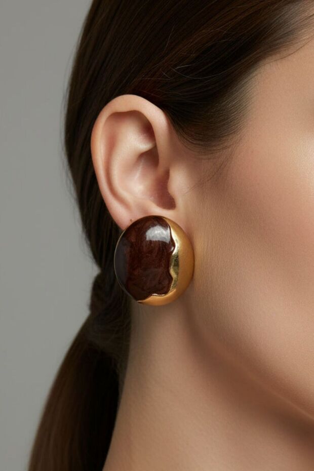 Gold Color Brown Enamel Earrings (2.7 cm)