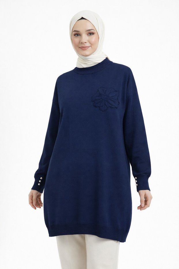 Floral Embroidered Long Sleeve Tunic – Navy Elegance