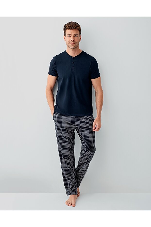 Men's Cotton Short Sleeve Buttoned Collar Navy Blue Pajama Set