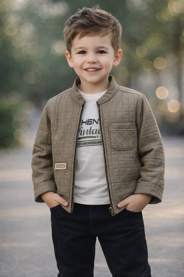 Children's Quilted Coat 3-Piece Set with Vintage Printed T-Shirt Seasonal Combination