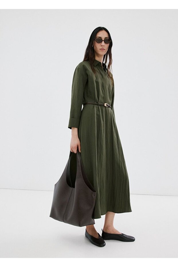 Kemerli lyocell gömlek elbise - 2