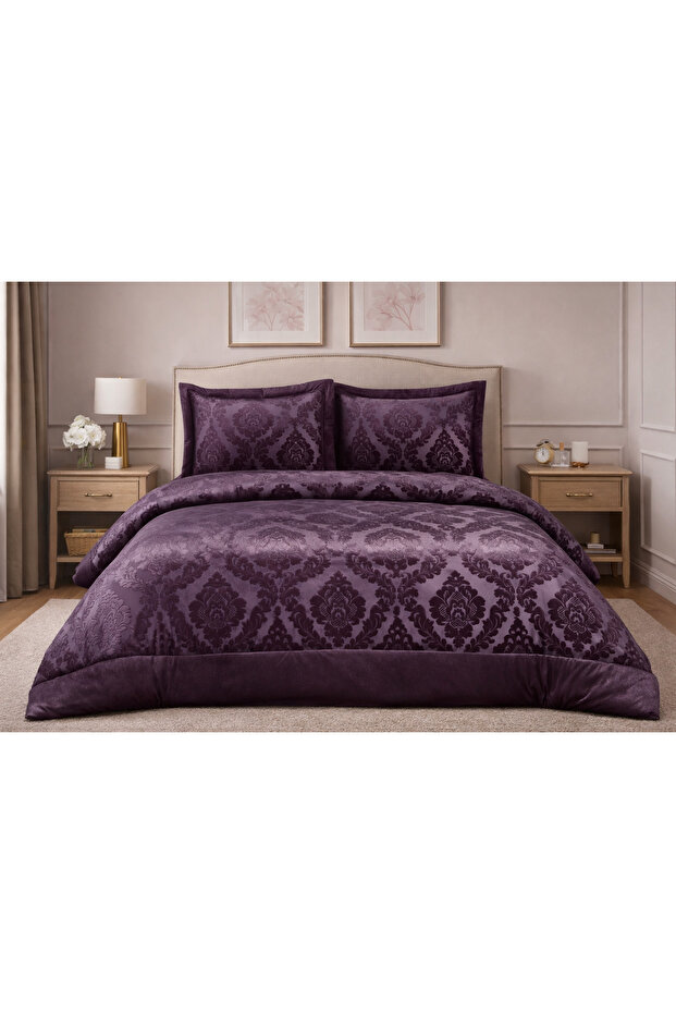 Helen Bedspread Set Double Fiber Filled Panel Velvet (260×260) Plum