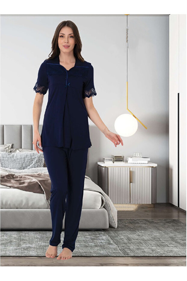 Dvina Maternity Short Sleeve Pajama Set - Navy Blue