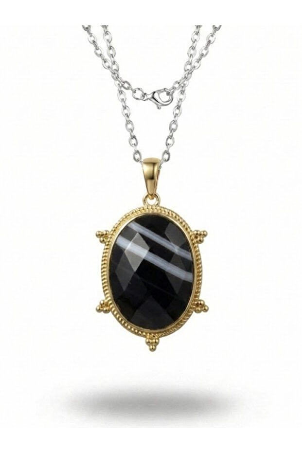Women's Medallion Model Natural Stone Steel Necklace