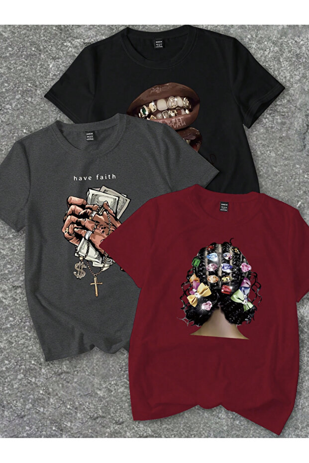 Unisex Men'S/Women's Fai̇th 3-Pack Custom Printed Oversize Cotton T-Shirt