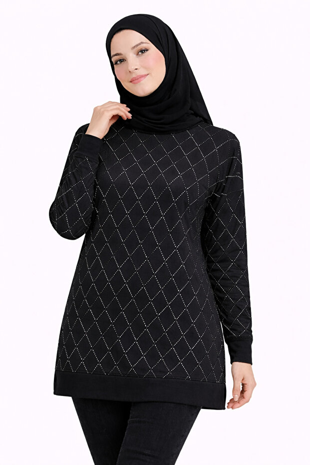 Women's Black Stone Patterned Long Sleeve Hijab Tunic