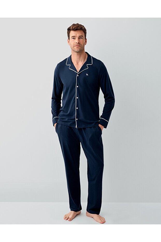 Men's Cotton Navy Blue Long Sleeve Buttoned Shirt Boxed Pajama Set