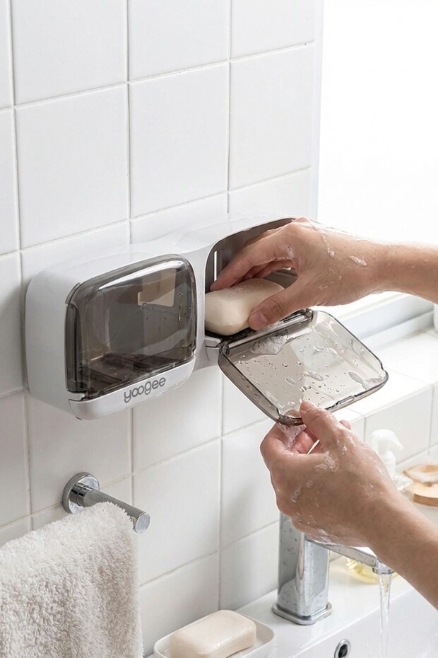 ® Wall Mounted Double Lid Plastic Solid Soap Dispenser Organizer – Adhesive for Bathroom & Kitchen - 2